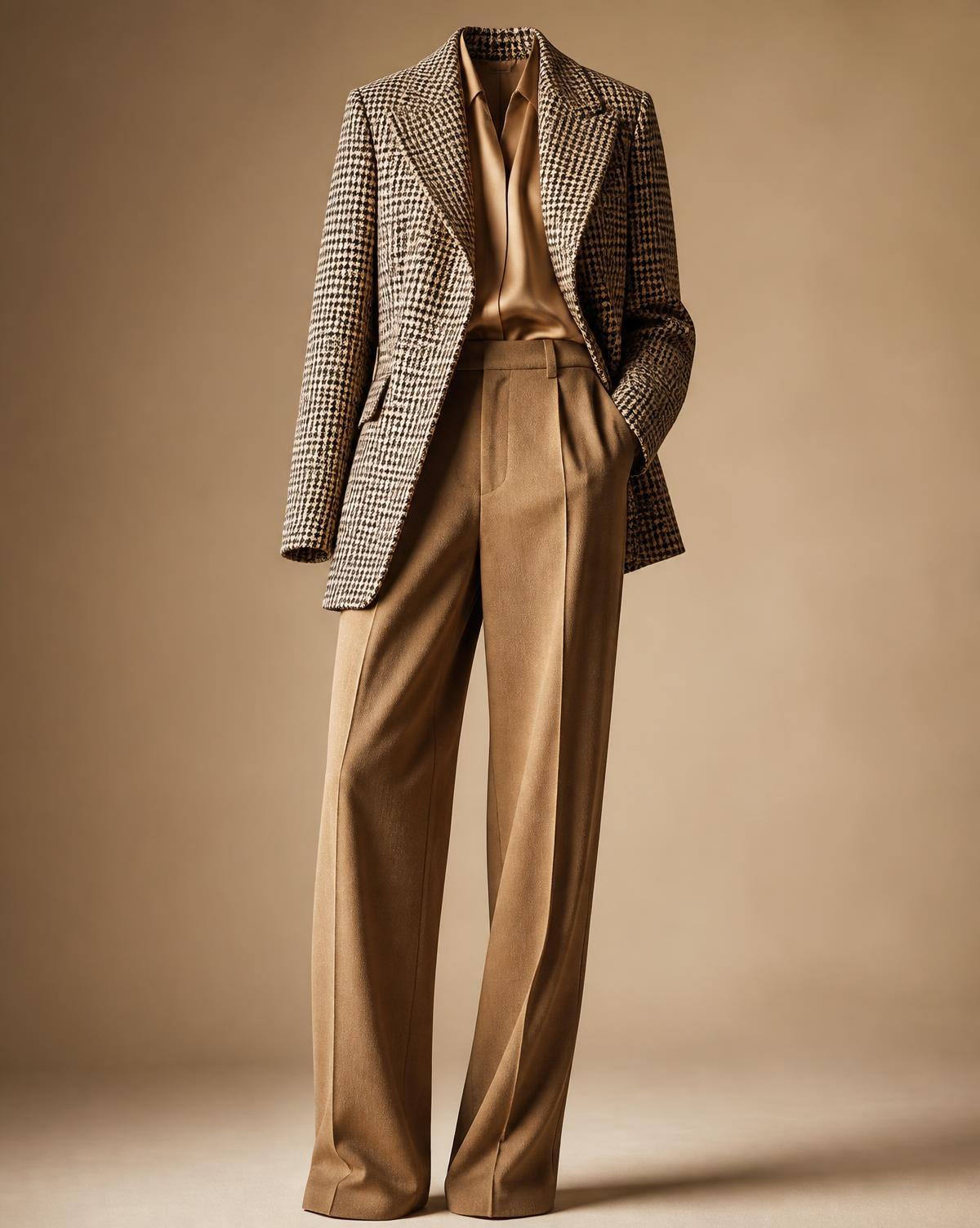 Houndstooth jacket with camel trousers