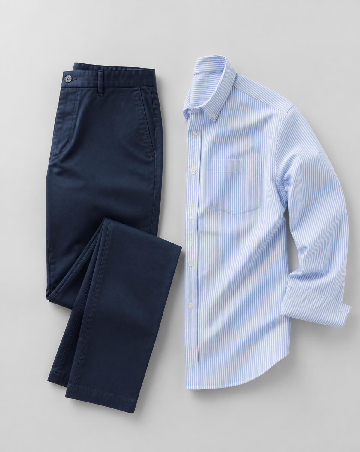 Navy chinos and striped oxford shirt