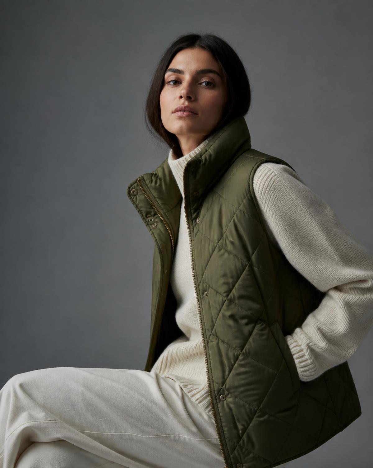 Olive quilted high-collar vest